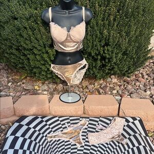 Victoria's Secret MetallicGoldFauxLeather Bustier 34DD+Small panties-new w/tags